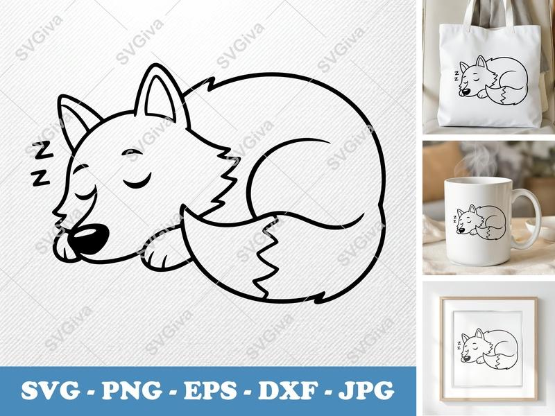 Wolf SVG | Sleeping Fox Outline | Cute Animal Clipart | PNG EPS DXF | Cricut Silhouette File | Cozy Pup Vector Art