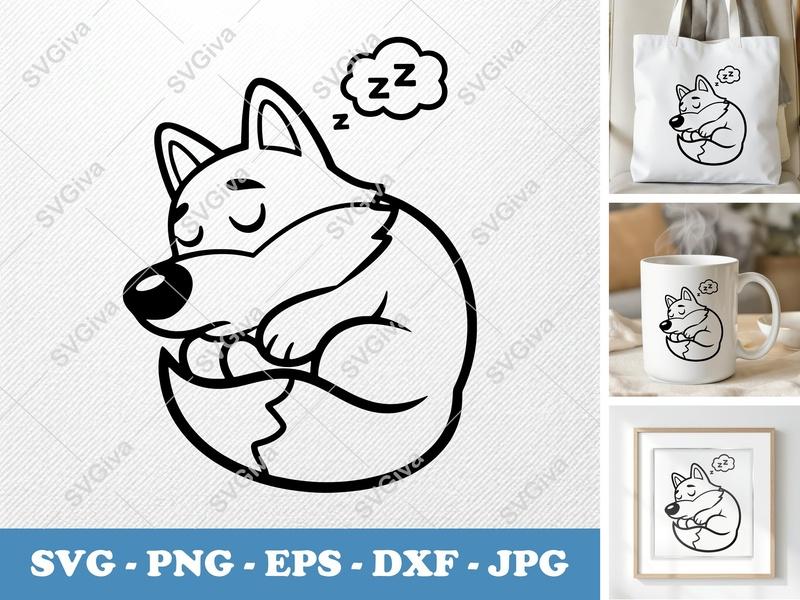 Wolf SVG, Sleeping Wolf, Cute Animal Clipart | PNG EPS DXF | Cricut Silhouette File, Nursery Decor, Modern Design