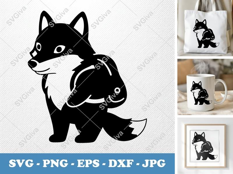 Wolf SVG with Fish | Modern Simple Animal Cut File for Cricut, Silhouette | PNG EPS DXF Vector Art | Cute Forest Creature
