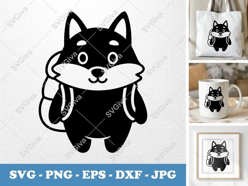 Wolf Wearing Backpack SVG | Puffy Soft Shapes | Inflated Pillow-Soft Forms | PNG DXF EPS | Cricut Silhouette File