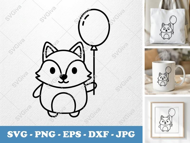 Wolf with Balloon SVG | Friendly Bean-Shaped Cut File | Rounded Body PNG DXF EPS for Cricut & Silhouette