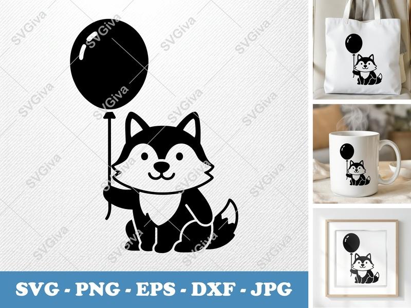 Wolf with Balloon SVG | Puffy Cartoon Style Cut File | Inflated Shapes PNG DXF EPS for Cricut Silhouette