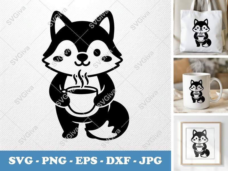 Wolf with Coffee Cup SVG | Puffy Cartoon Design | PNG DXF EPS | Cricut Silhouette File