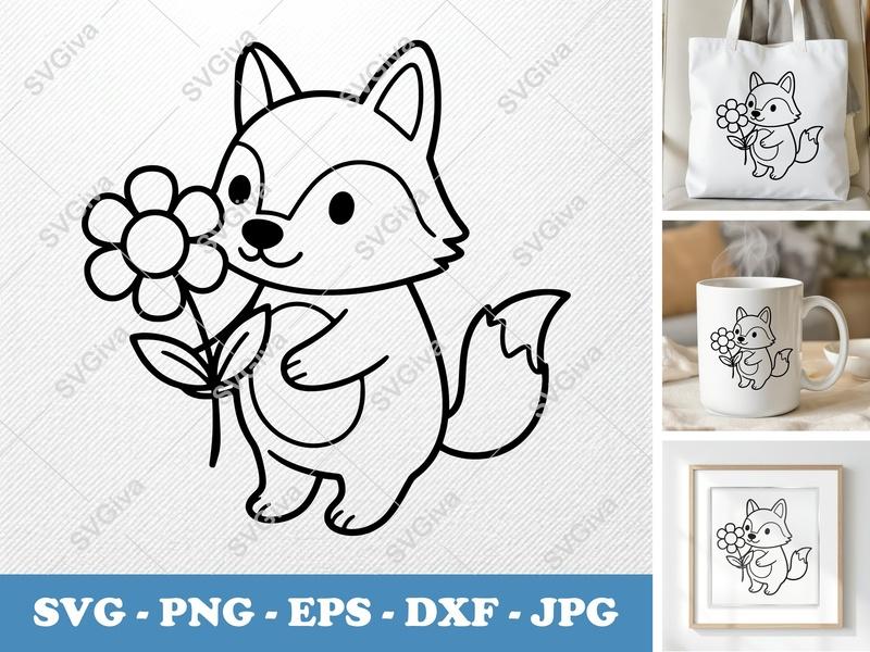 Wolf with Flower SVG | Friendly Rounded Body Bean-Shaped Animal | PNG DXF EPS | Cricut Silhouette Cut File