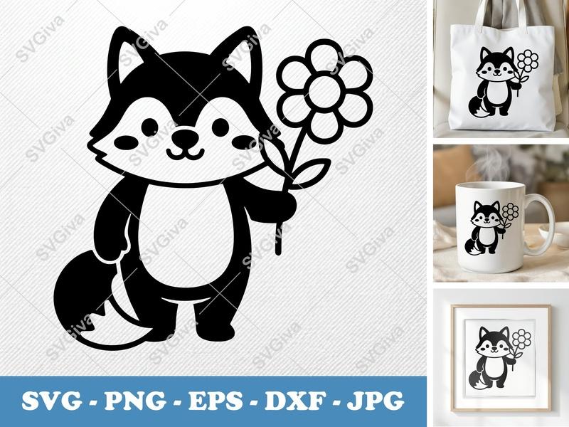 Wolf with Flower SVG | Puffy Soft Shapes | Inflated Pillow Art | PNG DXF EPS | Cricut Silhouette File