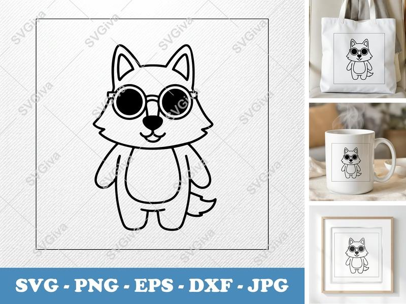 Wolf with Glasses SVG | Cute Animal PNG EPS DXF | Modern Cartoon Cut File for Cricut, Silhouette, Kids Craft