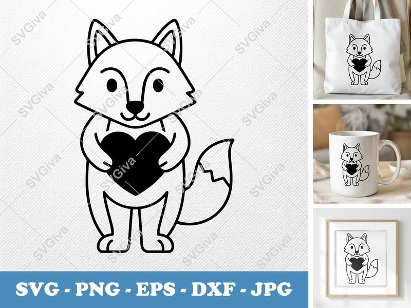 Wolf with Heart SVG | Cute Animal Love PNG EPS DXF | Cricut Silhouette File | Modern Outline Design | Puppy Valentine