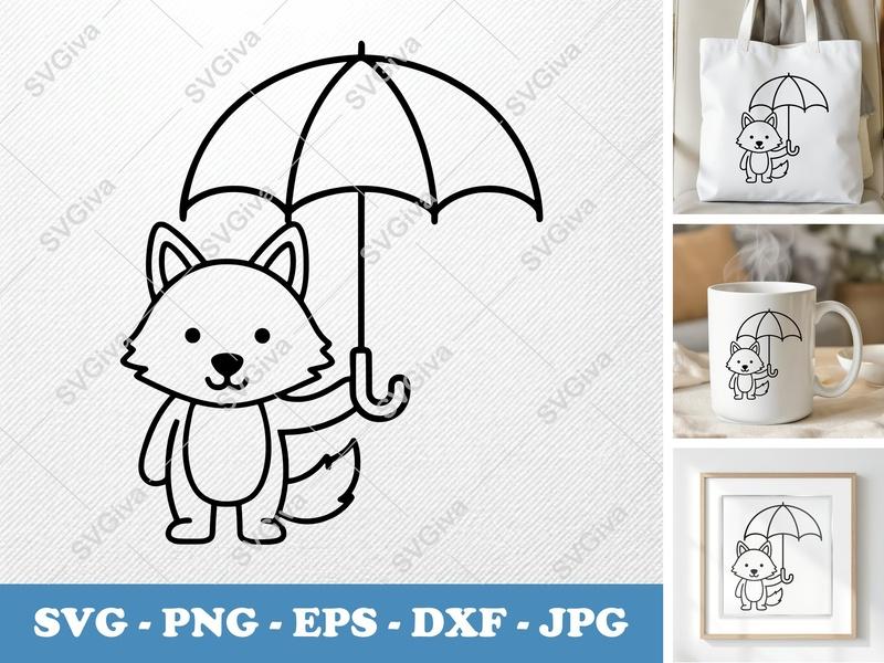 Wolf with Umbrella SVG | Cute Animal Cut File | PNG EPS DXF for Cricut & Silhouette | Kawaii Puppy Rain Design