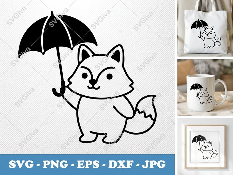 Wolf with Umbrella SVG, Cute Woodland Animal PNG, EPS, DXF | Cricut, Silhouette File, Modern Cartoon Vector Clipart