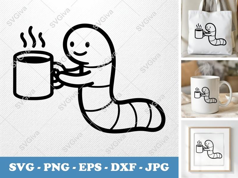 Worm Coffee SVG, Cute Worm with Mug PNG EPS DXF | Morning Coffee Cut File for Cricut & Silhouette, Modern Line Art Design