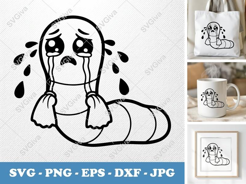 Worm Crying Sad Cute SVG | PNG EPS DXF | Cricut Silhouette File | Cartoon Black Outline | Tears Design