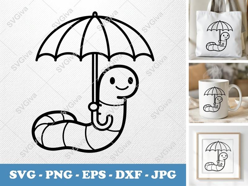 Worm Holding Umbrella SVG | Friendly Rounded Cartoon Design | PNG DXF EPS | Cricut Silhouette File