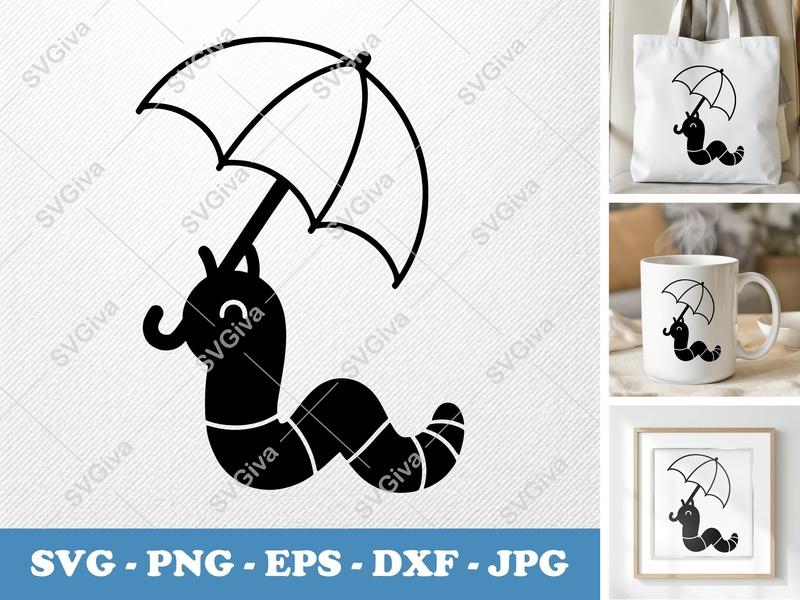 Worm Holding Umbrella SVG | Puffy Cartoon Cut File | Cricut Silhouette | PNG DXF EPS
