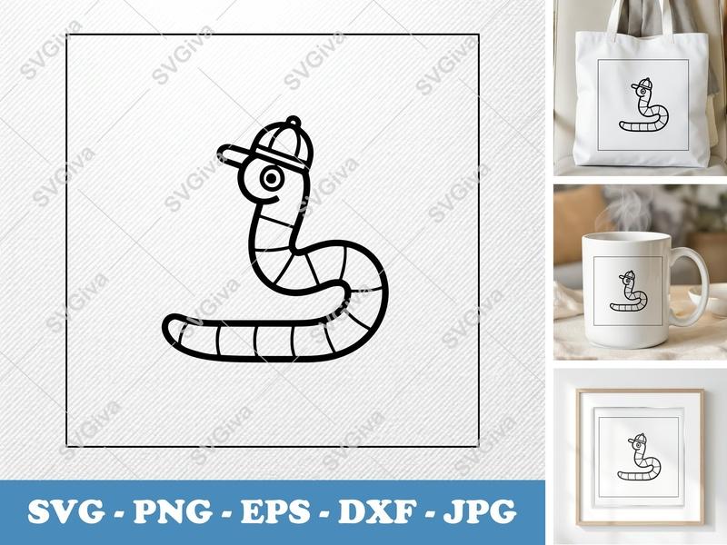 Worm in a Cap SVG | Minimalist Bold Contour Vector File | PNG DXF EPS | Cricut Silhouette Ready