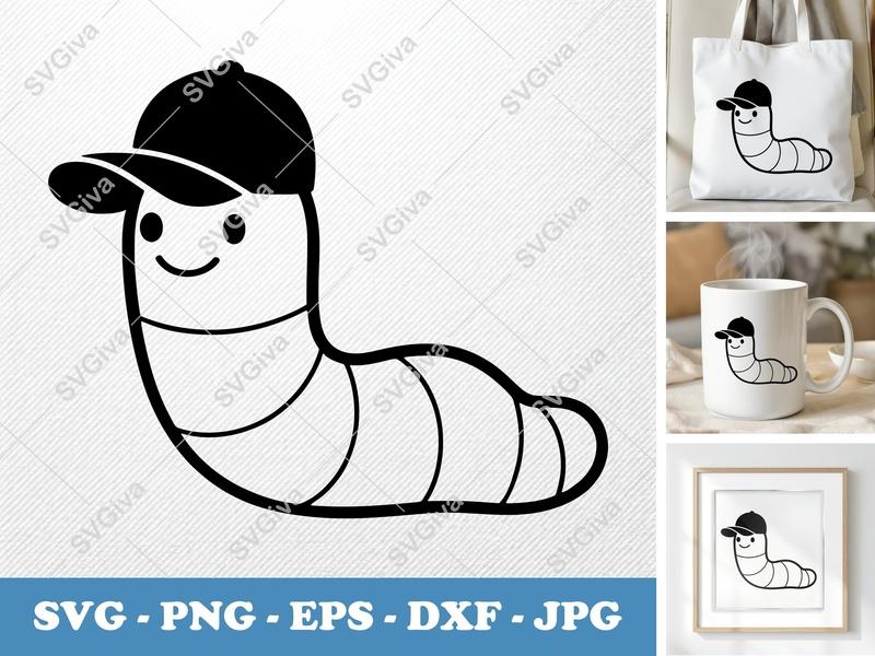 Worm in a Cap SVG, Puffy Pillow-Soft Shapes, PNG DXF EPS | Cricut Cut File | Cute Cartoon Animal