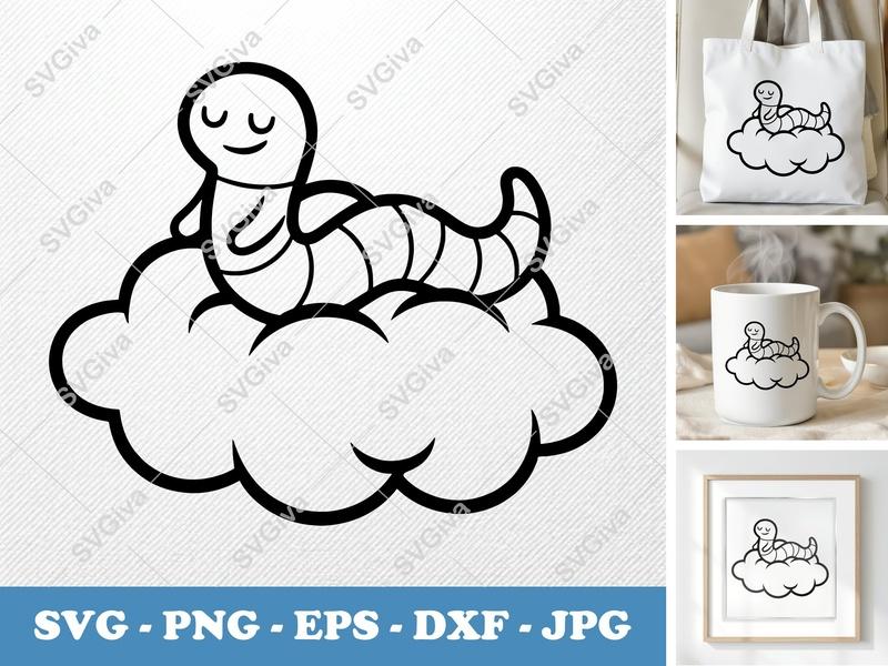 Worm on Cloud SVG | Cute Insect Cut File PNG DXF EPS | Cricut Silhouette Vector Art