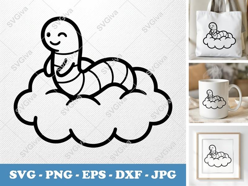 Worm on Cloud SVG, Cute Smiling Cartoon Worm, PNG EPS DXF | Cricut Silhouette Cut File, Modern Clean Design Vector