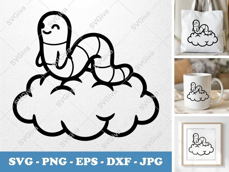 Worm on Cloud SVG | Cute Worm & Cloud PNG, EPS, DXF | Modern Cartoon Clip Art for Cricut, Silhouette