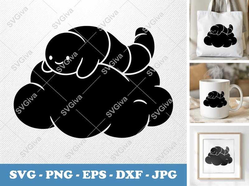 Worm on Cloud SVG | Puffy Cartoon Cut File | PNG DXF EPS | Cricut Silhouette Vector Design