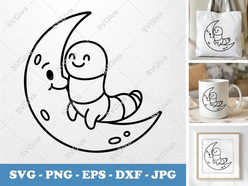 Worm on Moon SVG, Cute Insect Cut File, Celestial PNG DXF EPS for Cricut Silhouette