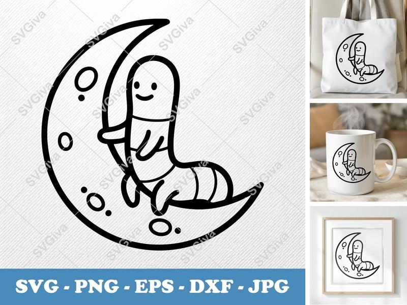 Worm on Moon SVG, Cute Smiling Caterpillar PNG EPS DXF | Cricut Silhouette Cut File, Kids Nursery Decor, Celestial Vector Art