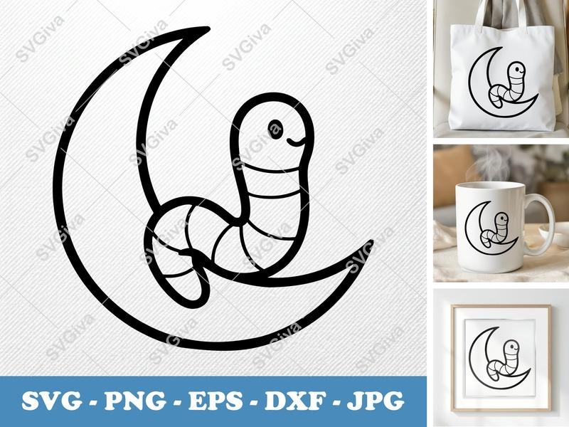 Worm on Moon SVG, Cute Smiling Worm PNG DXF EPS, Moon and Worm Cut File for Cricut Silhouette, Kids Craft Design, Nursery Decor