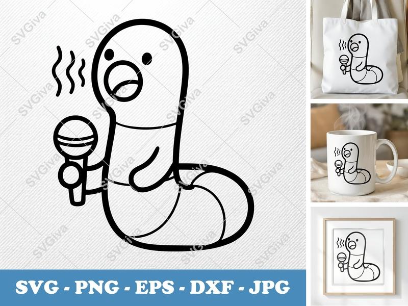 Worm Singing SVG, Cute Karaoke Worm PNG EPS DXF | Cricut & Silhouette Cut File, Modern Funny Animal Clipart Design