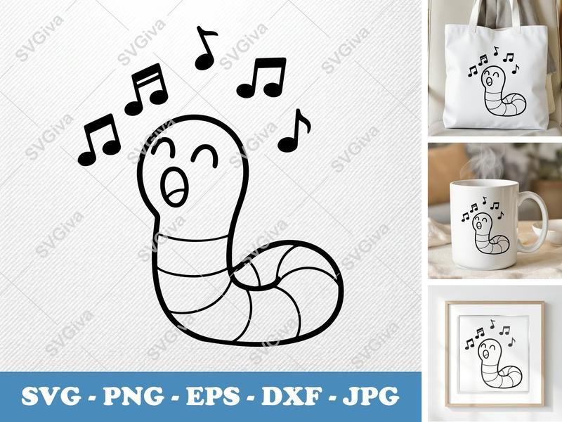 Worm Singing SVG, Cute Music Notes PNG EPS DXF | Cricut Silhouette Cut File, Cartoon Animal Clipart, Outline Vector