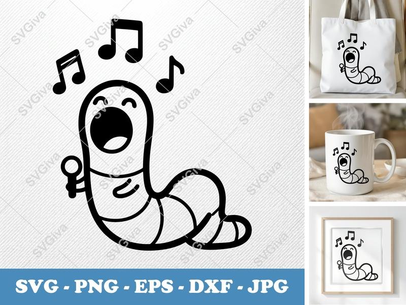 Worm Singing SVG | Friendly Rounded Bean-Shaped Cut File | PNG DXF EPS for Cricut Silhouette