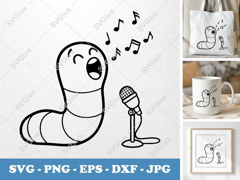 Worm Singing SVG | Music Notes Microphone PNG EPS DXF | Cricut Silhouette File | Cute Cartoon Vector Art