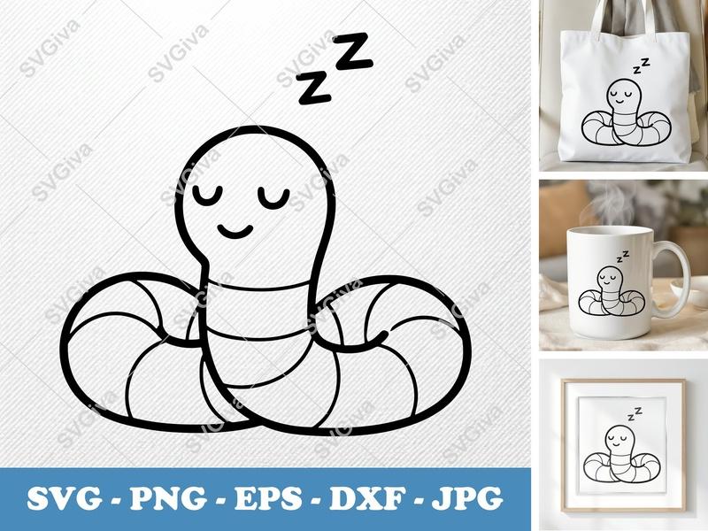 Worm Sleeping SVG | Cute Cartoon Sleepy Worm PNG EPS DXF | Modern Clean Design Cricut Silhouette File