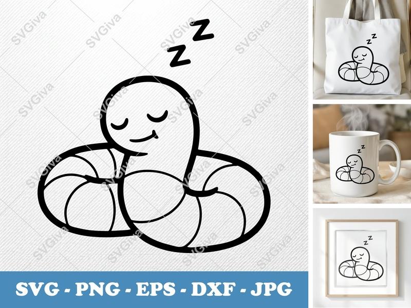 Worm Sleeping SVG, Cute Napping Earthworm PNG EPS DXF, Cartoon Insect Cut File for Cricut or Silhouette