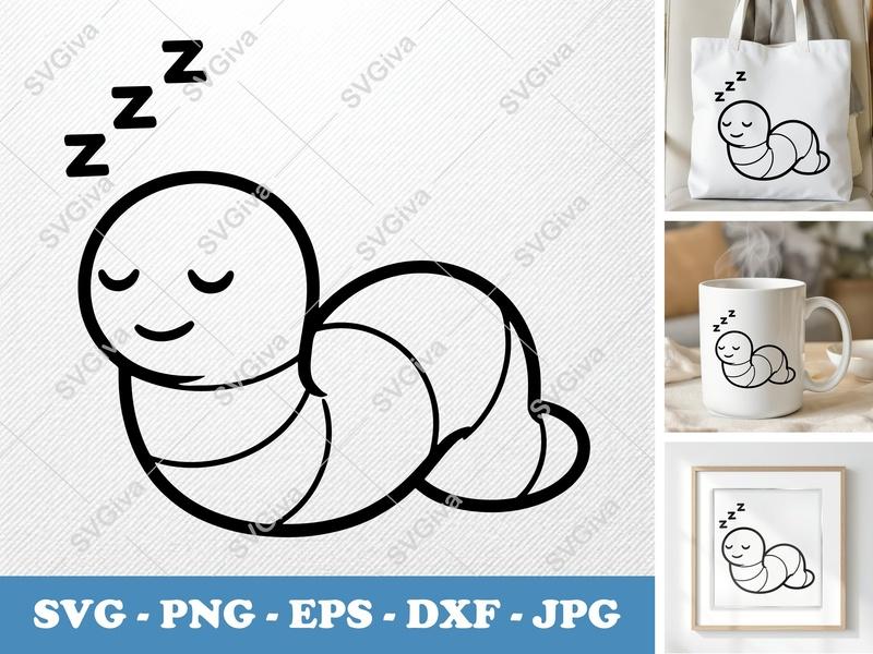 Worm Sleeping SVG, Cute Worm PNG EPS DXF for Cricut | Silhouette Cut File, Cartoon Sleepy Bug Vector, Modern Clean Design