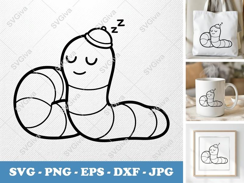 Worm Sleeping SVG, Cute Worm with Hat PNG EPS DXF | Cricut Silhouette File, Cartoon Animal Vector for Kids