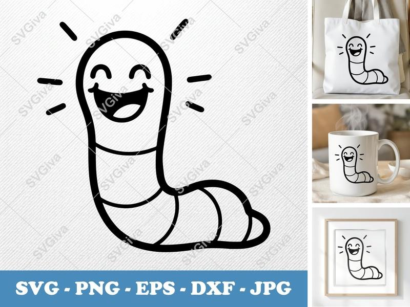 Worm Smiling Happily SVG | Friendly Bean-Shaped Cut File | PNG DXF EPS for Cricut Silhouette