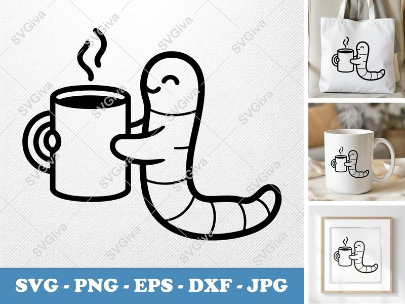 Worm SVG Coffee Lover, Cute Worm with Coffee Mug | PNG EPS DXF | Cricut Silhouette Cut File, Modern Cartoon Vector Art