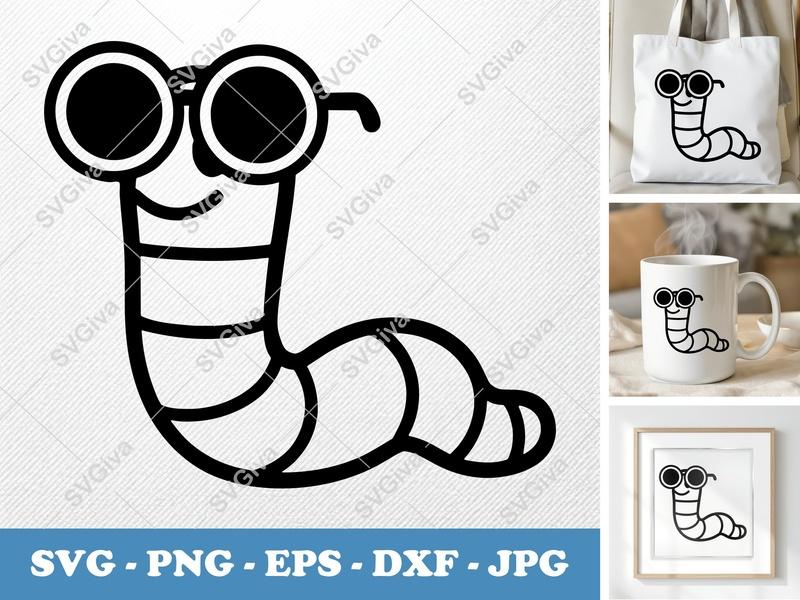 Worm SVG, Cool Worm with Glasses, Cartoon Insect PNG EPS DXF, Cricut Silhouette Cut File, Modern Design, Happy Worm Clipart