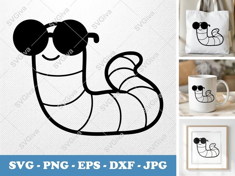 Worm SVG, Cool Worm with Sunglasses, Happy Worm Clipart | PNG, EPS, DXF for Cricut & Silhouette | Funny Animal Cut File