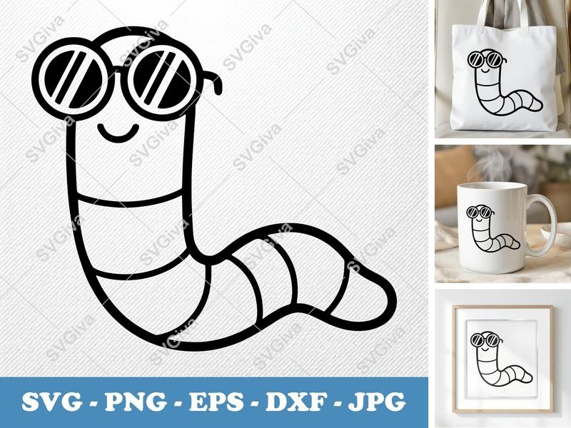 Worm SVG, Cool Worm with Sunglasses PNG EPS DXF | Cute Cartoon Cricut Silhouette Cut File, Modern Design Vector