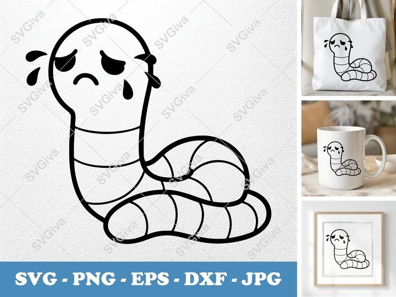 Worm SVG, Crying Sad Worm Cut File, Emotional Cartoon Clipart, PNG EPS DXF for Cricut & Silhouette, Modern Vector Art