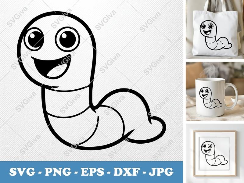 Worm SVG Cut File | Cartoon Worm Happy Face | Cute Bug Clipart | PNG EPS DXF for Cricut Silhouette | Kids Craft Vector