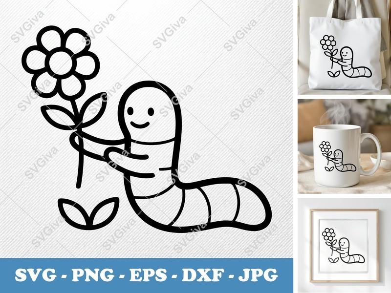 Worm SVG, Cute Worm with Flower, Nature Clip Art, Garden Lover, Cricut, Silhouette, PNG, EPS, DXF Cut File
