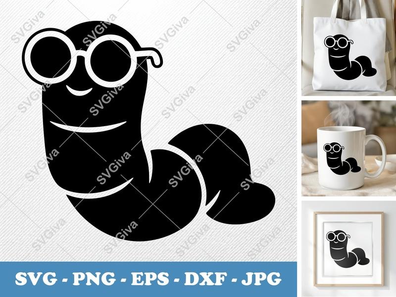 Worm SVG, Cute Worm with Glasses, Cartoon Silly Worm Clipart, PNG EPS DXF | Cricut & Silhouette Cut File, Vector