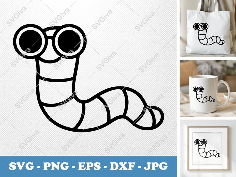Worm SVG, Cute Worm with Glasses, Cartoon Worm PNG EPS DXF, Cricut Silhouette Cut File, Modern Wiggle Bug Clipart Vector