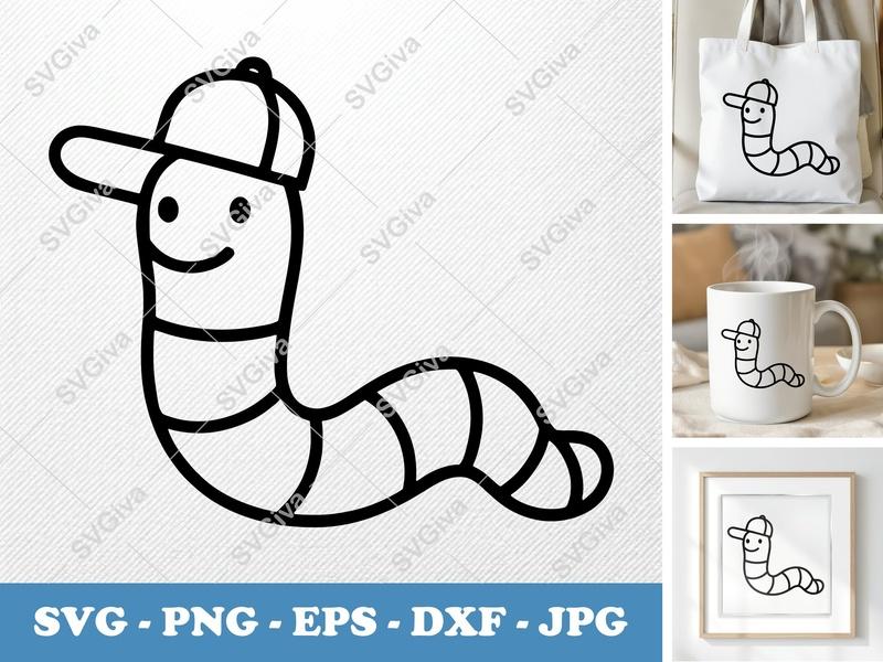 Worm SVG, Cute Worm with Hat, Cartoon Worm Clipart | PNG EPS DXF for Cricut, Silhouette, Kids Crafts