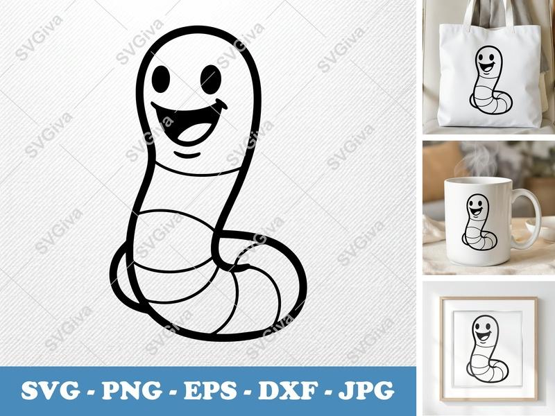 Worm SVG | Happy Smiling Cartoon Worm Cut File | PNG EPS DXF for Cricut, Silhouette | Modern Clean Design Animal Vector