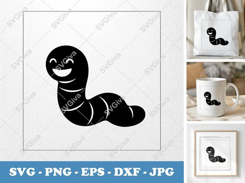 Worm SVG, Happy Worm Clip Art, Cute Earthworm Cut File, PNG, EPS, DXF for Cricut & Silhouette, Smiling Bug Vector