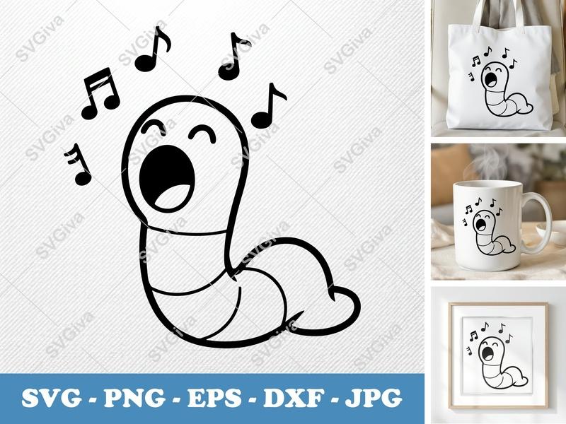 Worm SVG Singing, Music Notes Clipart | PNG EPS DXF | Cricut Silhouette Cut File | Modern Clean Design, Happy Cartoon