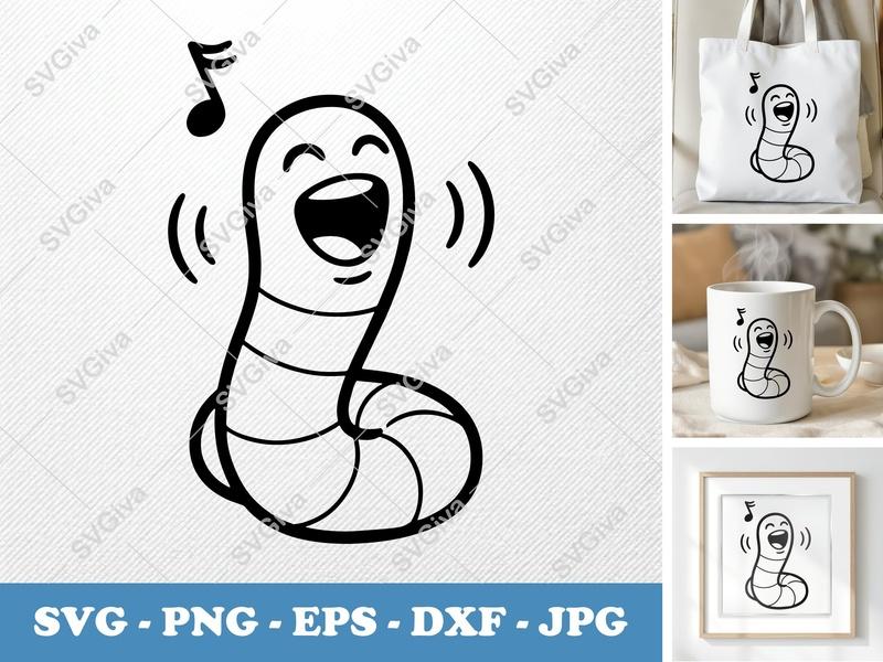 Worm SVG, Singing Worm Cut File, Happy Music Note PNG EPS DXF for Cricut | Silhouette, Cartoon Animal Outline Vector