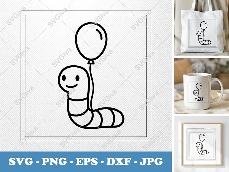 Worm SVG with Balloon, Cute Cartoon Worm Cut File, Modern Happy Worm PNG EPS DXF for Cricut & Silhouette